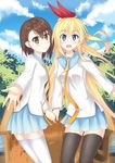  black_legwear blonde_hair blue_eyes blue_sky blush bridge brown_eyes brown_hair brown_legwear chrisandita day kirisaki_chitoge long_hair looking_at_viewer md5_mismatch multiple_girls nisekoi onodera_kosaki open_mouth red_ribbon ribbon river school_uniform serafuku short_hair skirt sky thighhighs very_long_hair 