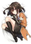  :3 bangs black_legwear brown_eyes brown_hair elbow_gloves fetal_position gloves kantai_collection keita_(tundereyuina) long_hair looking_at_viewer lying on_side sendai_(kantai_collection) skirt smile solo v-shaped_eyebrows 