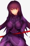  1girl bodysuit breasts commentary_request covered_navel eyebrows_visible_through_hair fate/grand_order fate_(series) gae_bolg grey_background highres holding holding_weapon lancer large_breasts leotard long_hair looking_at_viewer polearm purple_bodysuit purple_hair purple_leotard red_eyes saisarisu scathach_(fate)_(all) scathach_(fate/grand_order) solo spear weapon 