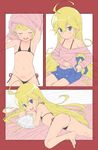  :d ahoge bad_id bad_twitter_id barefoot bed bikini blonde_hair casual collarbone highres leopard_(yatterman) long_hair lying micro_bikini micro_bikini_top micro_panties midriff navel off_shoulder on_stomach open_mouth overalls overalls_removed panties pillow saeki_tatsuya side-tie_panties smile string_panties swimsuit time_bokan_(series) underwear yatterman yoru_no_yatterman 