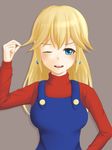  ;d blonde_hair blue_eyes blush breasts cosplay earrings hair_tousle jewelry kupomi long_hair looking_at_viewer mario mario_(cosplay) mario_(series) medium_breasts one_eye_closed open_mouth overalls princess_peach smile solo super_mario_bros. sweatdrop 