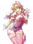  :d belt breasts gloves hat jon_shicchiou large_breasts leaning_forward leg_up long_hair media_(quiz_magic_academy) nurse nurse_cap open_mouth pink_hair pink_legwear pointy_ears quiz_magic_academy simple_background smile solo thighhighs waving wavy_hair white_background 