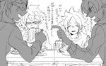  anger_vein angry closed_eyes cup food fubuki_shirou fudou_akio glasses goggles greyscale inazuma_eleven_(series) inazuma_eleven_go kidou_yuuto kiyama_hiroto long_hair male_focus monochrome mug multiple_boys open_mouth saku_anna sketch table translation_request 