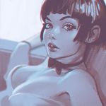  bangs bare_shoulders blunt_bangs bow bowtie breasts brown_eyes brown_hair character_request choker cleavage ilya_kuvshinov lips looking_at_viewer medium_breasts monochrome parted_lips sketch solo 