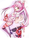  1girl blood boots demon_wings ebola-chan fang flower hair_flower hair_ornament long_hair nurse nurse_cap open_mouth original panties personification pink_hair sapusakti skull solo striped striped_legwear striped_panties thighhighs twintails underwear wings wink yellow_eyes 