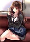  amane_ruri bag breasts brown_hair cellphone green_eyes idolmaster idolmaster_cinderella_girls large_breasts md5_mismatch necktie phone school_bag school_uniform shibuya_rin sitting sweater_vest 