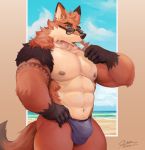  2018 abs anthro black_nose canid canine clothed clothing eyewear fox fur hanukami male mammal muscular muscular_male nipples pecs solo sunglasses tongue topless 