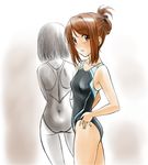  brown_eyes brown_hair chaborin competition_swimsuit folded_ponytail long_hair monochrome multiple_girls one-piece_swimsuit original short_hair spot_color swimsuit 