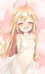  :d ^_^ ahoge arms_behind_back blonde_hair blush closed_eyes collarbone dress fangs floral_background highres leopard_(yatterman) long_hair md5_mismatch open_mouth petals pi-pie smile solo time_bokan_(series) white_dress yatterman yoru_no_yatterman 