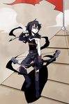  :c arrow asymmetrical_clothes black_footwear black_hair boots bow_(weapon) brown_eyes bustier cloud compound_bow full_body gloves kansuke_(bubuduke) rita_(sennen_sensou_aigis) rooftop sennen_sensou_aigis short_hair shorts solo thigh_boots thighhighs weapon 