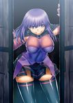  bangs black_legwear black_skirt breasts breasts_apart brooch capelet commentary_request cowboy_shot crazy_grin door elbow_gloves gloves grin hair_between_eyes highres impossible_clothes jewelry jon_shicchiou large_breasts leaning_forward long_hair looking_at_viewer malariya miniskirt opening_door purple_eyes purple_gloves purple_hair quiz_magic_academy single_horizontal_stripe skin_tight skirt smile solo standing thighhighs zettai_ryouiki 