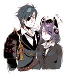  1girl ? armor black_hair cardigan crossover eyepatch gloves japanese_armor kantai_collection murasaki_nasu necktie patting purple_hair shokudaikiri_mitsutada shoulder_armor sode tenryuu_(kantai_collection) touken_ranbu trait_connection translated uniform yellow_eyes 