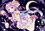  :d absurdres ahoge bow brown_eyes crown dress floating_hair full_body hair_bow highres holding holding_staff huge_filesize long_hair magical_girl moon open_mouth original purple_bow silver_hair smile solo staff very_long_hair wasabi_(sekai) white_bow wrist_bow wrist_cuffs 