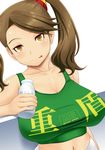  bottle breasts brown_eyes brown_hair crop_top gundam gundam_build_fighters gundam_build_fighters_try huge_breasts licking_lips looking_at_viewer midriff milk_bottle navel sazaki_kaoruko shirt smile solo taut_clothes taut_shirt tomatto_(@ma!) tongue tongue_out twintails 