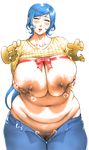  areolae belly blue_eyes blue_hair blush breast_hold breasts breasts_outside curvy denim gundam gundam_build_fighters huge_breasts iori_rinko jeans lactation large_areolae long_hair looking_at_viewer milf navel nipples open_mouth orushibu pants plump pubic_hair solo standing thick_thighs thighs wide_hips 