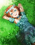  armpits arms_behind_back blue_eyes choker dappled_sunlight dress from_above grass hair_between_eyes head_wreath highres kousaka_honoka love_live! love_live!_school_idol_project lying on_back one_side_up open_mouth orange_hair outdoors solo suito sunlight tree_shade yume_no_tobira 