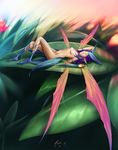  arched_back breasts fairy flower groin hand_behind_head hayden_mackenzie highres leaf lying navel nipples nude on_back plant pointy_ears purple_hair small_breasts solo wings 