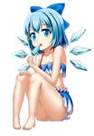  adapted_costume alternate_costume ass bare_shoulders barefoot blue_eyes blue_hair cirno fairy food frills full_body hair_ornament hair_ribbon highres ice ice_wings kohinata_(sdu0628) looking_at_viewer midriff open_mouth popsicle pussy ribbon sexually_suggestive shirt short_hair simple_background sitting skirt skirt_set sleeveless solo tongue tongue_out touhou vest white_background wings 