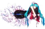  7th_dragon_(series) 7th_dragon_2020 absurdly_long_hair aqua_eyes aqua_hair dress frilled_dress frills full_body hairband hatsune_miku highres long_dress long_hair looking_at_viewer mochi_(kokologic) one_eye_closed ribbon skirt solo thighhighs very_long_hair vocaloid wrist_cuffs 