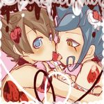  armband blue_eyes blue_hair blush brown_eyes brown_hair inazuma_eleven_(series) inazuma_eleven_go male_focus matsukaze_tenma multiple_boys shirtless sketch tongue tongue_out tsurugi_kyousuke yaoi 