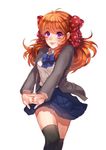  black_legwear bow gekkan_shoujo_nozaki-kun hair_bow kaskia long_hair orange_hair polka_dot polka_dot_bow purple_eyes rouman_academy_uniform sakura_chiyo school_uniform solo thighhighs 