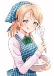  :q apron ayase_eli blonde_hair blue_eyes bow bowl bowtie collared_shirt cooking cream food food_on_face green_bow green_neckwear highres holding holding_bowl licking_lips long_sleeves looking_at_viewer love_live! love_live!_school_idol_project shirt simple_background solo striped striped_bow striped_neckwear suito tongue tongue_out upper_body whisk white_background white_shirt 