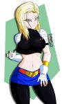  1girl android_18 artist_name black_legwear blonde_hair blue_eyes breasts closed_mouth crop_top danmakuman dated denim denim_skirt dragonball_z fingerless_gloves forehead gloves large_breasts long_hair looking_at_viewer midriff navel pantyhose short_sleeves skirt solo standing white_background white_gloves 