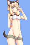 a9b_(louis814) animal_ears blonde_hair blue_background blue_eyes breasts carla_j_luksic cat_ears cat_tail covered_nipples goggles goggles_on_head groin highres long_hair lowleg navel noble_witches short_shorts shorts simple_background small_breasts solo strapless tail tubetop twintails white_tubetop world_witches_series 