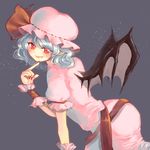  bat_wings blue_hair bow fang grey_background hat hat_bow pointy_ears red_eyes remilia_scarlet solo touhou umi_(umi02) wings wrist_cuffs 