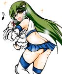  adapted_costume ass back blue_panties boots borrowed_design breasts butt_crack detached_sleeves frog_hair_ornament green_eyes green_hair hair_ornament hair_tubes kochiya_sanae long_hair looking_back mabuchoco_m medium_breasts microphone midriff music musical_note open_mouth panties singing sketch skirt smile snake_hair_ornament solo thigh_boots thighhighs touhou underwear white_footwear white_legwear wrestling_outfit 