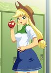  apple applejack bangs blonde_hair cowboy_hat food freckles fruit green_eyes hat highres holding jiyuuyuu locker long_hair looking_at_viewer my_little_pony my_little_pony_equestria_girls my_little_pony_friendship_is_magic open_mouth personification ponytail sidelocks smile solo 