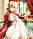  ahoge bad_id bad_pixiv_id blonde_hair breasts cleavage epaulettes fate/extra fate_(series) flower green_eyes hair_ribbon large_breasts nero_claudius_(fate) nero_claudius_(fate)_(all) red_flower red_rose ribbon rico_(fbn3) rose solo window 