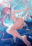  1girl ahoge armpit_crease ass bare_arms bare_shoulders barefoot bikini blue_bikini braid breasts feet fish floating_hair freediving highres hololive large_breasts long_hair looking_at_viewer matsui_hiroaki minato_aqua multi-strapped_bikini multicolored_hair navel parted_lips purple_eyes purple_hair sailor_bikini sailor_collar school_of_fish side-tie_bikini solo stomach streaked_hair striped striped_bikini swimsuit thighs twintails underwater very_long_hair virtual_youtuber water 