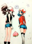  2girls ? baseball_cap black_vest blue_hair blue_shorts breasts brown_hair creatures_(company) crystal_(pokemon) earrings feet_out_of_frame game_freak hat hat_ribbon highres jewelry minapo multiple_girls nintendo overalls pecha_berry pocket pokemon pokemon_special red_ribbon ribbon shirt short_shorts shorts sidelocks simple_background small_breasts speech_bubble star star_earrings starry_background sweatdrop thighhighs twintails vest white_(pokemon) white_background white_hat white_shirt worried 