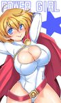  arms_behind_head arms_up blonde_hair blue_eyes breasts cape cleavage cleavage_cutout dc_comics large_breasts looking_at_viewer mike_(zinn6) power_girl short_hair simple_background smile solo star thighs white_background 