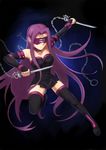  black_footwear black_legwear blindfold boots breasts chain collar dagger elbow_gloves facial_mark fate/stay_night fate_(series) forehead_mark gloves highres long_hair medium_breasts nameless_dagger purple_hair rider solo tauke thigh_boots thighhighs very_long_hair weapon zettai_ryouiki 