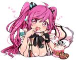  ahoge anniversary black_gloves blush breasts cake candle cleavage cream eating english fingerless_gloves food fruit garter_straps gloves happy_birthday headphones heart kamiya_zuzu large_breasts long_hair open_mouth pink_eyes pink_hair rasis ribbon single_glove solo sound_voltex strawberry thighhighs twintails white_background 