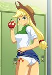  apple applejack ass bangs blonde_hair blush cowboy_hat cutie_mark food freckles fruit green_eyes hat highres holding jiyuuyuu locker long_hair looking_at_viewer my_little_pony my_little_pony_equestria_girls my_little_pony_friendship_is_magic open_mouth panties personification ponytail sidelocks solo underwear white_panties 