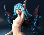  arm_up armpits artist_name blue_hair breasts bug butterfly hatsune_miku hayden_mackenzie insect long_hair navel nipples nude realistic signature simple_background small_breasts solo vocaloid wings 