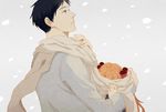  1girl black_hair bow gekkan_shoujo_nozaki-kun hair_bow height_difference hug jianzhiguan nozaki_umetarou orange_hair sakura_chiyo scarf shared_scarf 