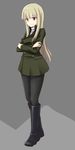  a9b_(louis814) black_footwear black_legwear blonde_hair boots brown_eyes crossed_arms full_body grete_m_gollob highres knee_boots long_hair long_sleeves military military_uniform pantyhose smile solo two-tone_background uniform world_witches_series 