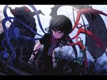  1girl asymmetrical_wings black_hair darkness dress houjuu_nue isa letterboxed monster one_eye_closed polearm red_eyes short_hair snake solo tar touhou trident weapon wings 