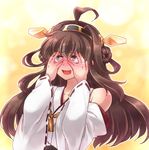  ahoge bare_shoulders blush brown_hair commentary detached_sleeves embarrassed full-face_blush hairband hands_on_own_cheeks hands_on_own_face hanjuku_tomato headgear kantai_collection kongou_(kantai_collection) long_hair nontraditional_miko open_mouth peeking peeking_through_fingers purple_eyes reaction ribbon-trimmed_sleeves ribbon_trim solo 