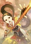  attack black_eyes black_hair blurry cherry_blossoms depth_of_field fingerless_gloves foreshortening gloves hidari_(left_side) highres leaf long_hair naginata open_mouth polearm ponytail reki_toukiden solo toukiden very_long_hair weapon 