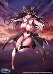  bare_arms black_hair boots breasts cape cleavage cloud gloves green_eyes hair_over_one_eye knee_boots kneehighs large_breasts long_hair looking_at_viewer parted_lips petals pointy_ears shuen sky solo sunset sword unleashed weapon white_footwear white_legwear 