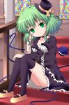  alternate_costume arm_strap ass bad_id bad_pixiv_id black_legwear choker frilled_shirt frilled_skirt frills gothic_lolita green_eyes green_hair hat heart heart_of_string highres isa juliet_sleeves komeiji_koishi lolita_fashion long_sleeves mini_hat mini_top_hat puffy_sleeves ribbon_choker shirt sitting sitting_on_stairs skirt smile solo stained_glass stairs thighhighs third_eye top_hat touhou upskirt 