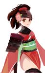  armor brown_eyes brown_hair comb diglett_(artist) flower hair_flower hair_ornament japanese_armor japanese_clothes kimono kote looking_at_viewer momohime obi oboro_muramasa sash short_kimono shoulder_armor side_slit simple_background sode solo thighhighs white_background 