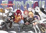  2boys 4girls alternate_hairstyle charle_(fairy_tail) erza_scarlet eyes_closed fairy_tail fire gray_fullbuster happy_(fairy_tail) highres hood hug juvia_loxar logo lucy_heartfilia mashima_hiro multiple_boys multiple_girls natsu_dragneel official_art scarf snow snowing wendy_marvell 