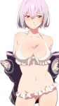  1girl bare_shoulders bikini breasts cleavage commentary_request cowboy_shot fingernails frilled_bikini frills front-tie_bikini front-tie_top hair_between_eyes half-closed_eyes highres jacket large_breasts lavender_hair light_smile long_sleeves looking_at_viewer namataro navel off_shoulder red_eyes shinjou_akane short_hair simple_background sleeves_past_wrists solo ssss.gridman stomach swimsuit white_background white_bikini 