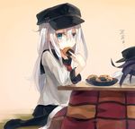  akatsuki_(kantai_collection) anchor black_hair black_legwear blue_eyes eating hat hibiki_(kantai_collection) kantai_collection kashii_(amoranorem) kotatsu long_hair looking_at_viewer multiple_girls no_shoes pantyhose school_uniform senbei serafuku silver_hair sitting skirt sleeping table wariza zzz 